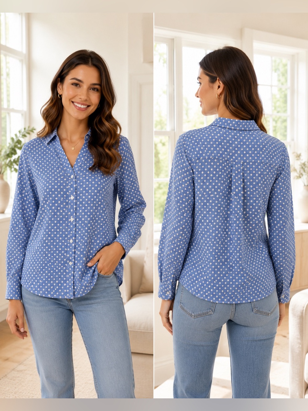 L.L. Bean Women's Blue Dot-Print Button Down Shirt
